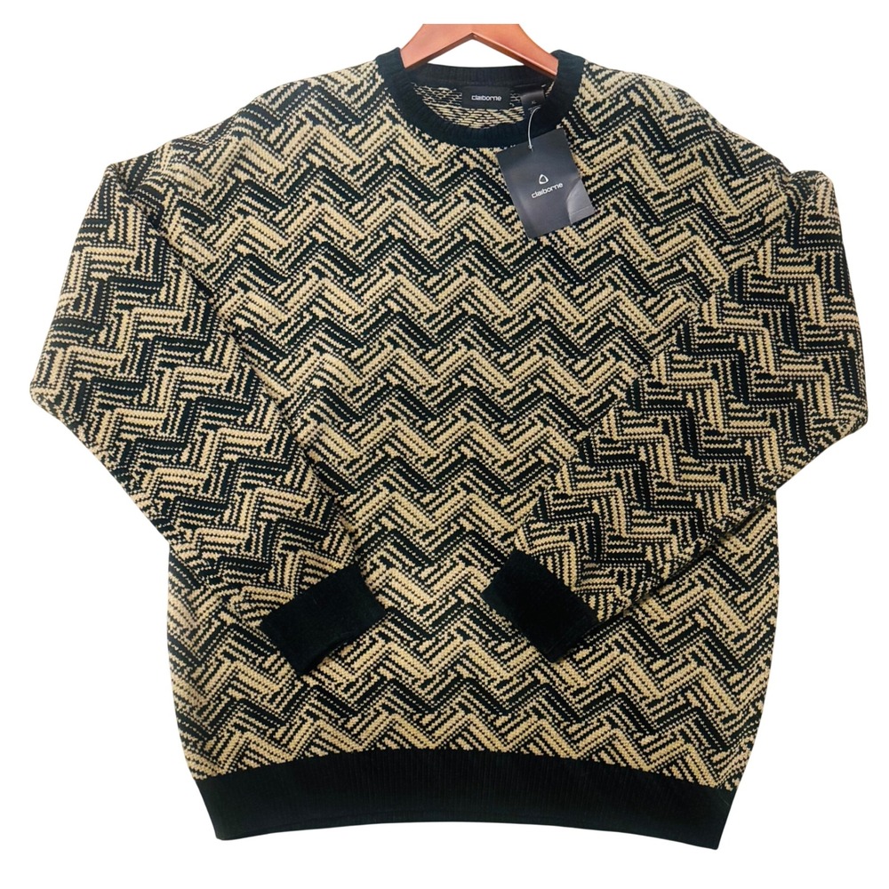 Claiborne Mens Chevron Geometric Knit Sweater XL Black Tan NWT Retro 90s Vintage